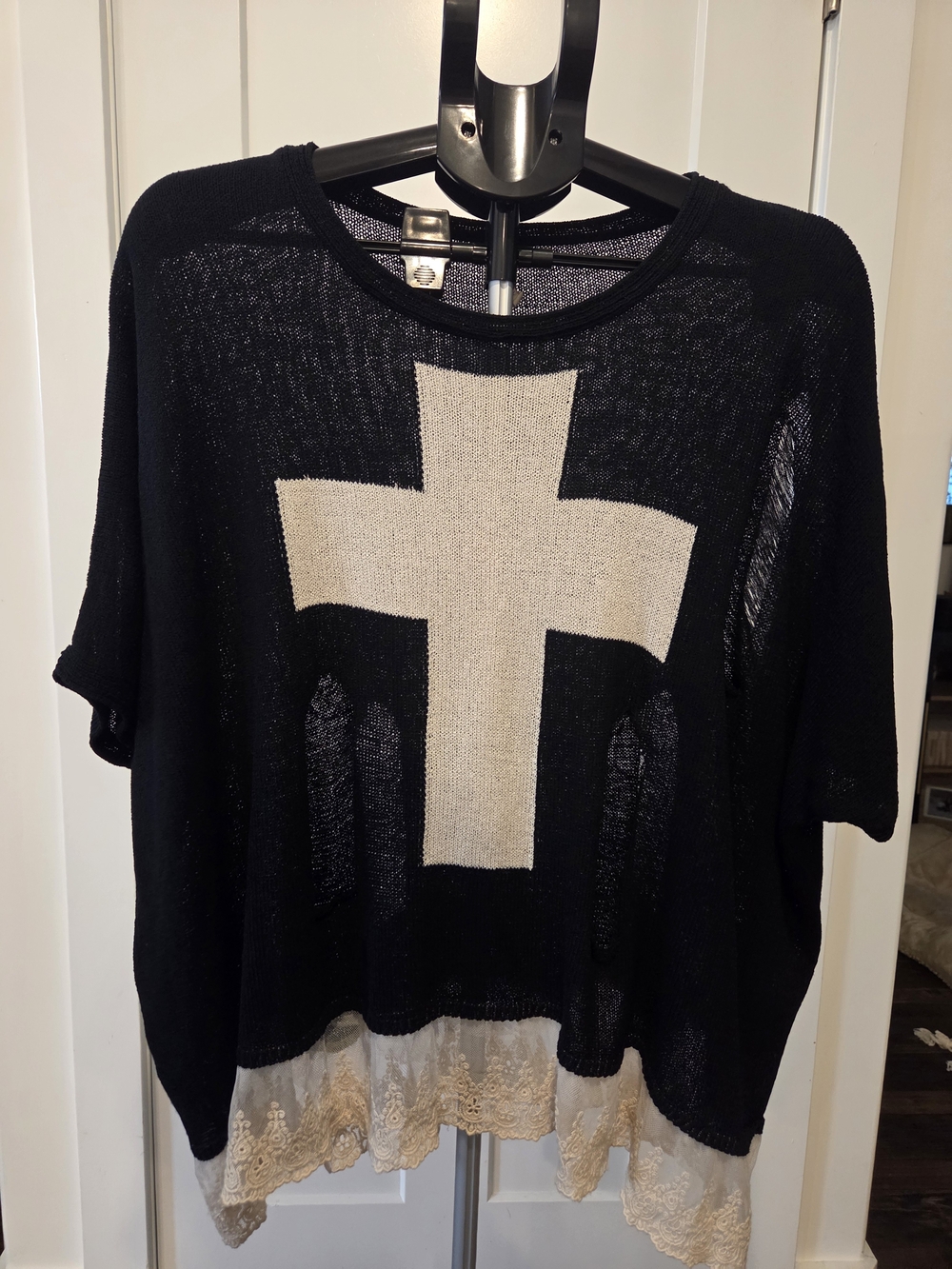 114.  POL Black Distressed Knit Sweater with Cross And Lace Hem
